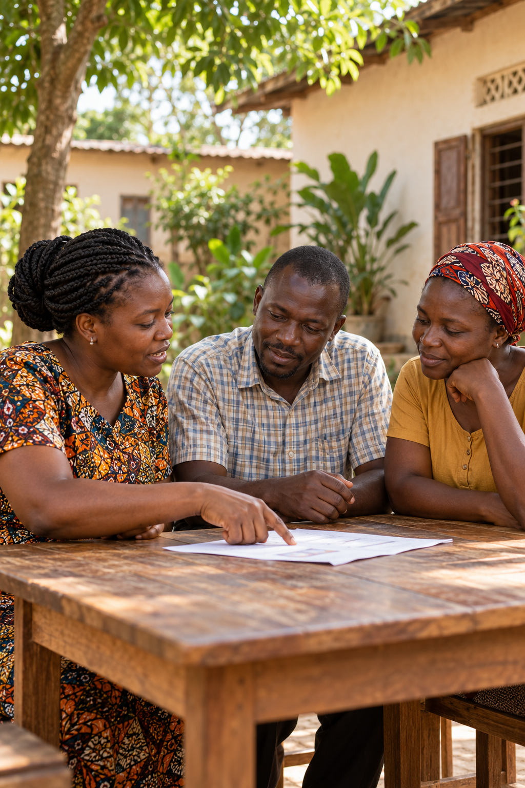 Illustrative image: Three adults sitting together in a shaded courtyard and discussing a practical needs list.