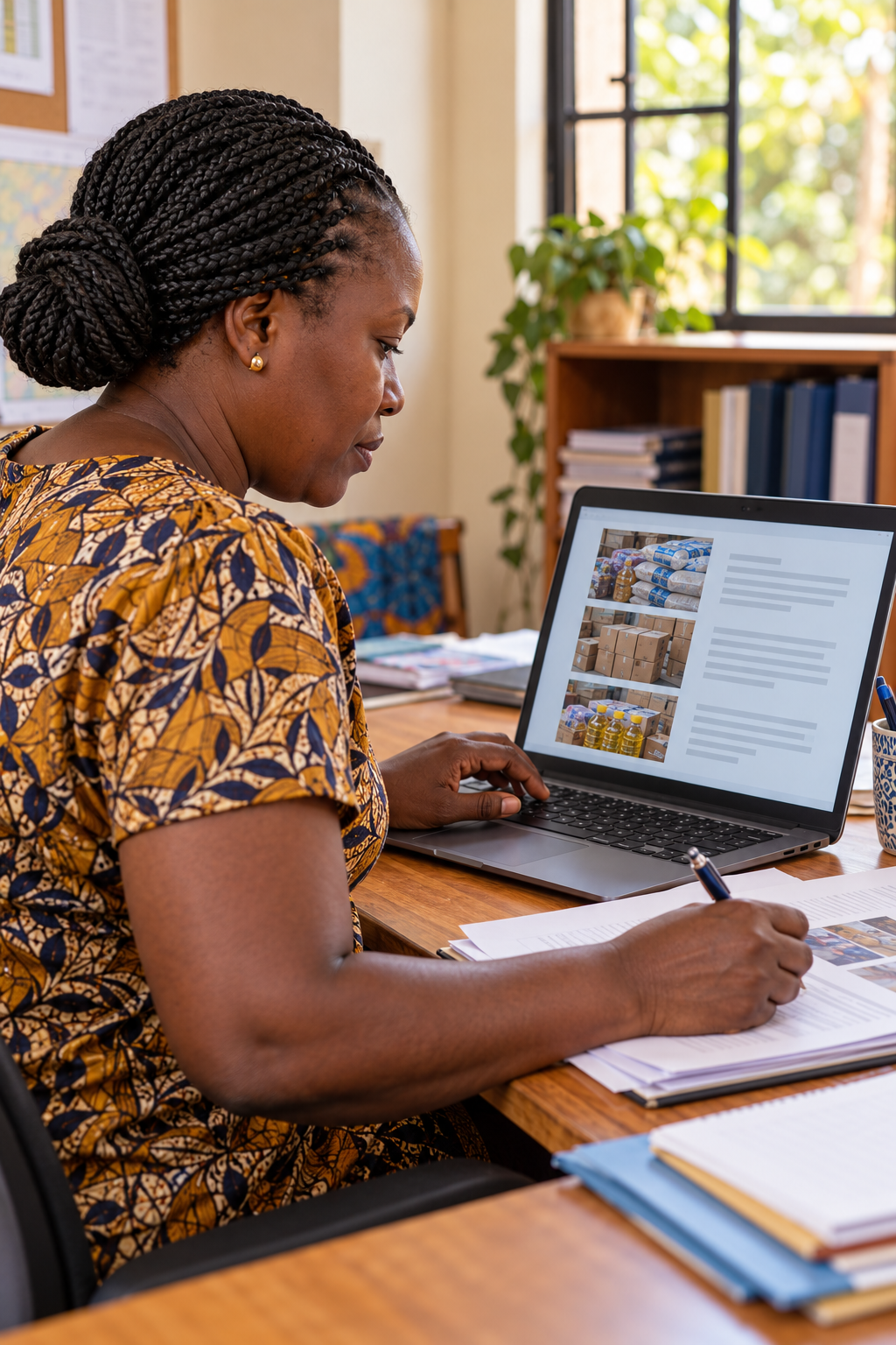 Illustrative image: An adult coordinator at a tidy desk reviewing purchase and delivery paperwork while preparing an update on a laptop.